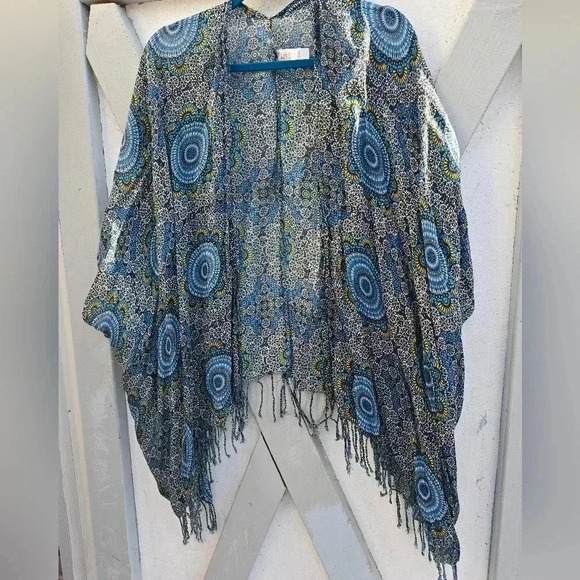 Satva Divine Kimono Blue Turquoise Sahara Print with Tassel Trim OS Free Size - Picture 3 of 9